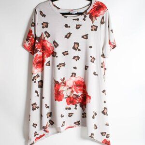 LuLaRoe Irma Tunic Top Red Floral Leopard Print - P2P 22"